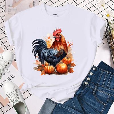 (Premium T-Shirt)Cooles Herbst Hühner Kürbisdruck T-Shirt für Damen Sommermode Freizeit T-Shirts Kurzarm Kreative Oberteile