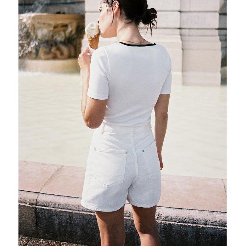 Summer New Product Women's Clothes Metal Button Decoration Silm Girls Contrast Color Decorative Layer round Neck Short Sleeve T-shirt 5644136