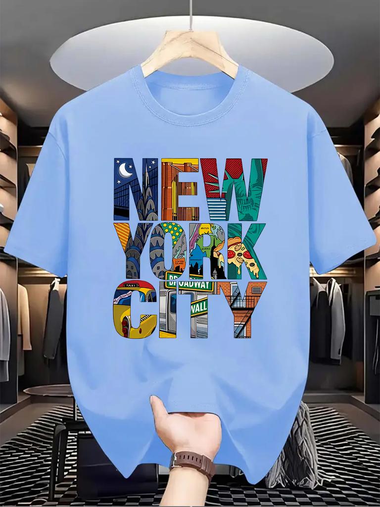 Men'S Casual Crew Neck T-Shirt with New York Letter Print, Knit Fabric, Slight Stretch, Regular Fit, Summer Short Sleeve Top