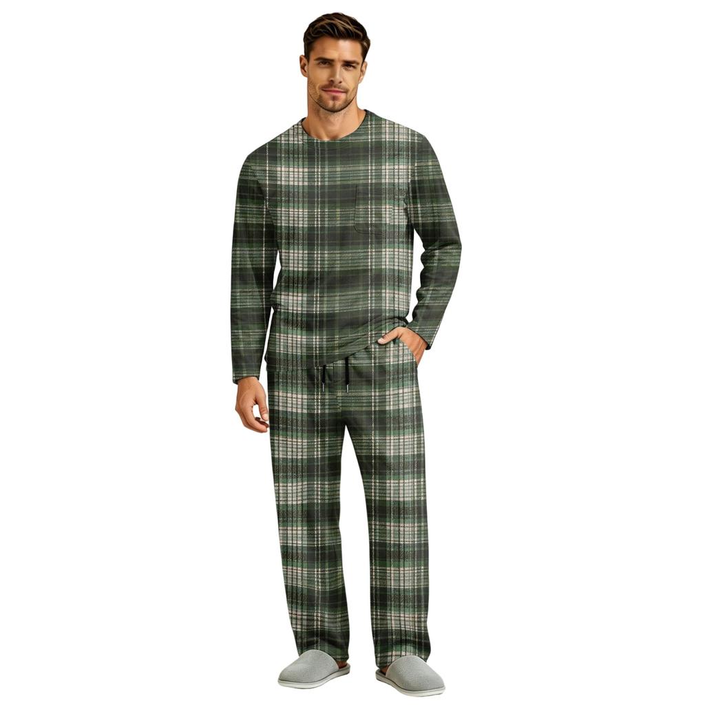 Men's Long Sleeve Pajama Set with Button Crotch and Elastic Drawstring Waist for Home Comfort