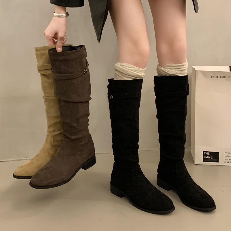 Französische Stiefel mit dickem Absatz aus aprikosenfarbenem Wildleder für Damen, 2025 neu, vielseitige dünne lange Stiefel für Frühling, Herbst und Winter