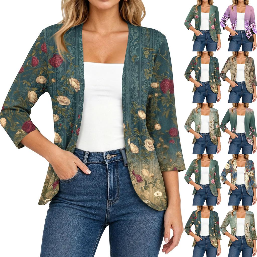 Women's Vintage Floral Print Three-Quarter Sleeve Loose Fit Lightweight Cardigan