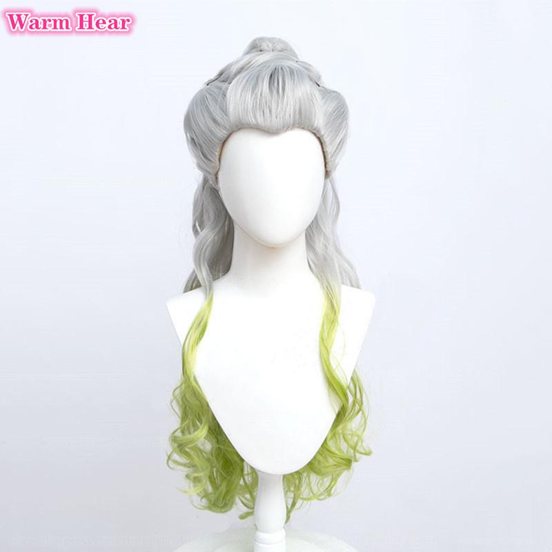 90cm Long Daki Synthetic Anime Silver Gradiented Green Curly With Headwear Heat Resistant Hair Halloween Party Role Play Wigs