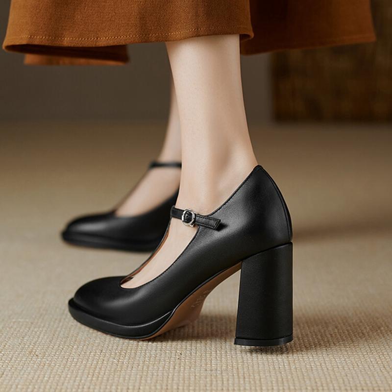 Fashion NEW Spring Women's Pumps Genuine Leather Shoes for Women Round Toe Chunky Heel Shoes Super High Heel Mary Janes Handmade Shoes