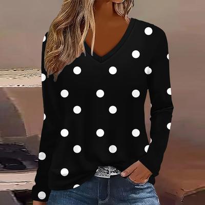 T-shirt da donna a maniche lunghe Moda pois Stampa 3D Scollo a V Maniche lunghe Top Autunno Casual Festivo Top da donna Abbigliamento
