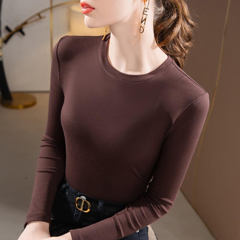 Modal Bottoming Shirt Women's New Women's Clothing Front Shoulder Round Long-sleeved T-shirt Tight Autumn and Winter with Waist Top