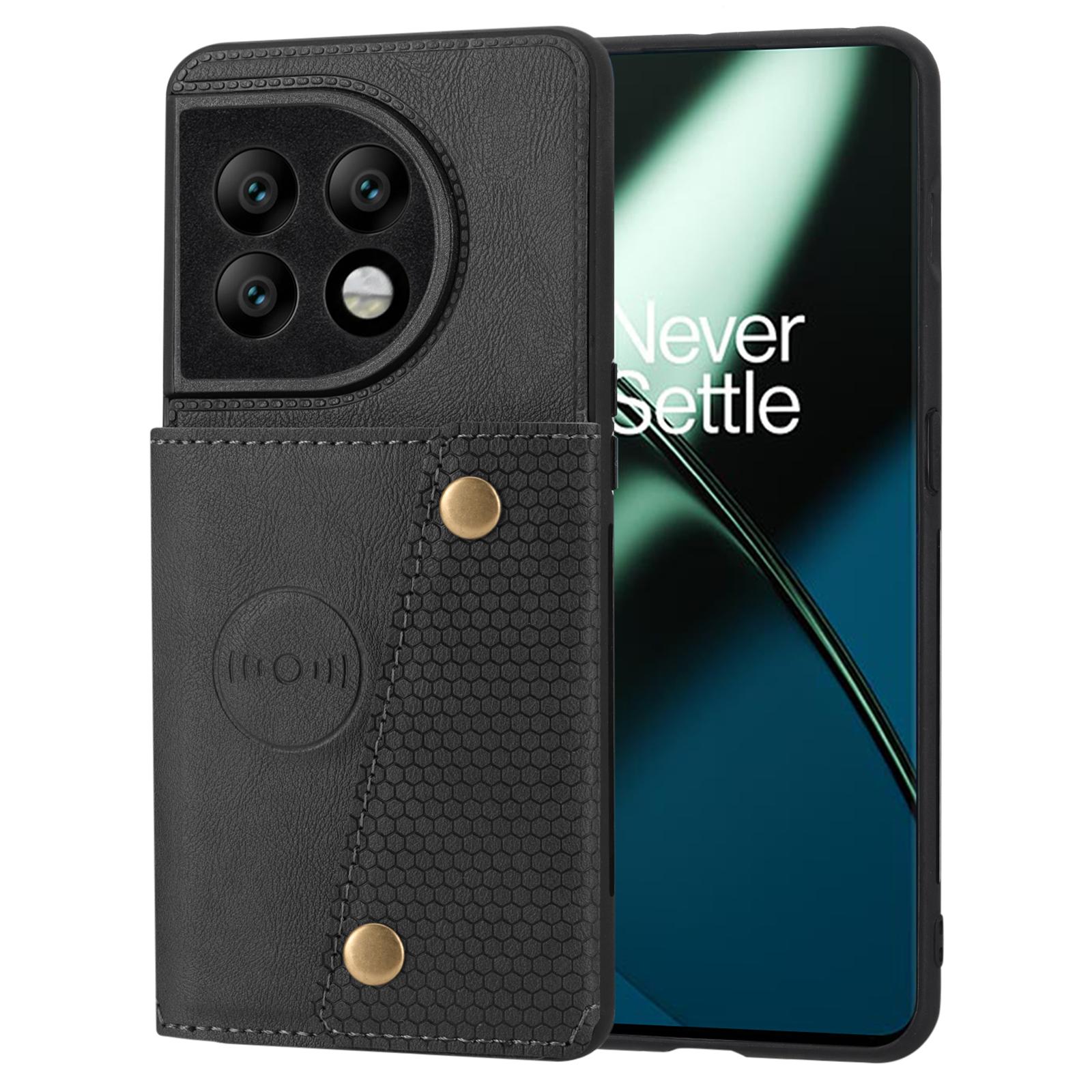 

For OnePlus 11 5G Card Holder Phone Case PU Leather Coated TPU Kickstand Case with Car Mount Metal Sheet Black