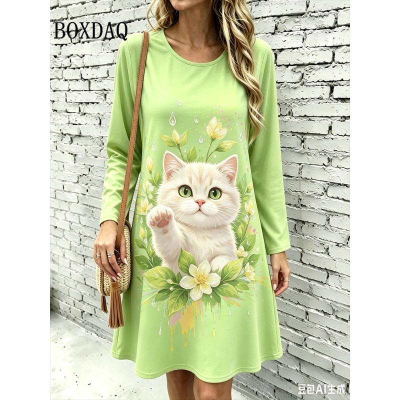 2026 Autumn Dresses Women's Cute Cat 3D Printing Home A-Line Dress Casual Fashion Long Sleeve Maple Leaf Print Loose Dress