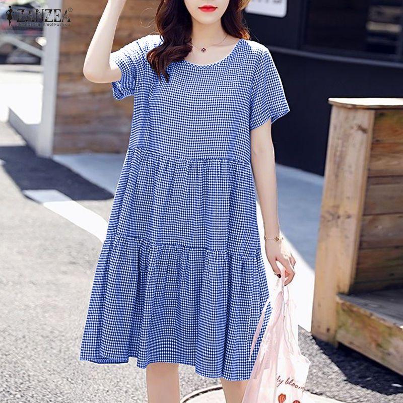 ZANZEA Women Casual Round Neck Summer Short Sleeve Plaid Print Dress