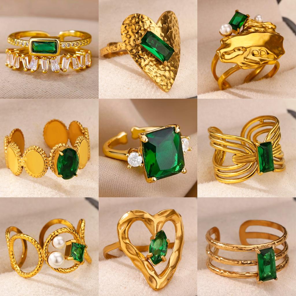 Inele Inimă cu Zircon Cristal Verde Vintage Pentru Femei Culoare Aur Oțel Inoxidabil Inel Deschis Modă Estetic Zircon Cadou Nuntă