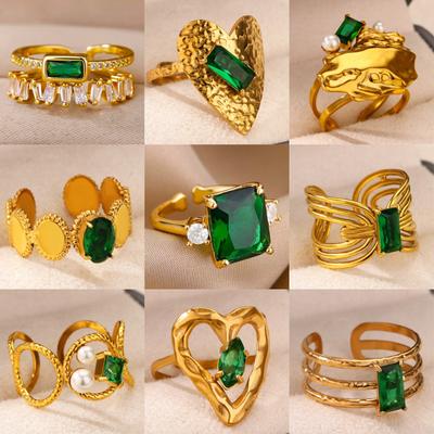 Anelli Cuore Zircone Cristallo Verde Vintage Per Donna Colore Oro Acciaio Inossidabile Anello Aperto Moda Estetica Zircone Regalo Matrimonio