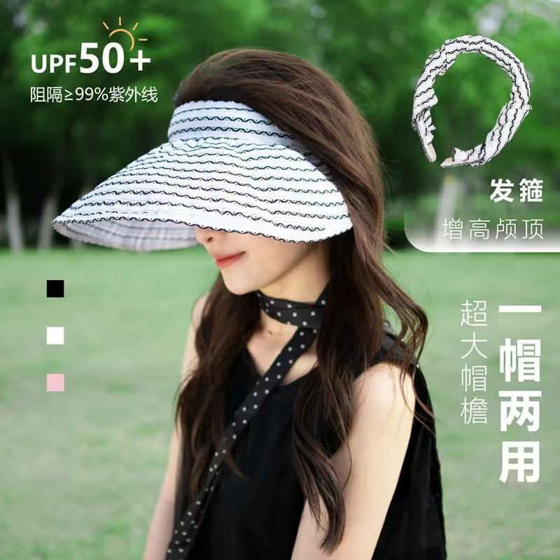 New style open-top shell hat for women, sun hat with open top, UV protection, large brim, striped fisherman hat