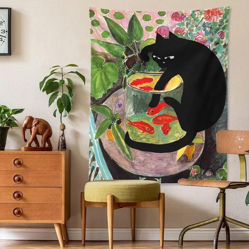 VIKAMA Matisse Goldfischglas Schwarze Katze Wandteppich Kunst Scherz Stil Wandbehang für Wohnzimmer Arbeitszimmer Ferienwohnung Dekor