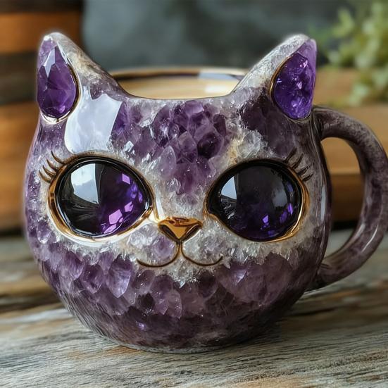 Ručně vyráběný hrnek s kočičí tváří z umělého křišťálu, geodový hrnek pro kotě, pryskyřičný minerální hrnek na kávu a čaj, unikátní umělecká dekorace, dárek pro rodinu, přátele, milovníky koček