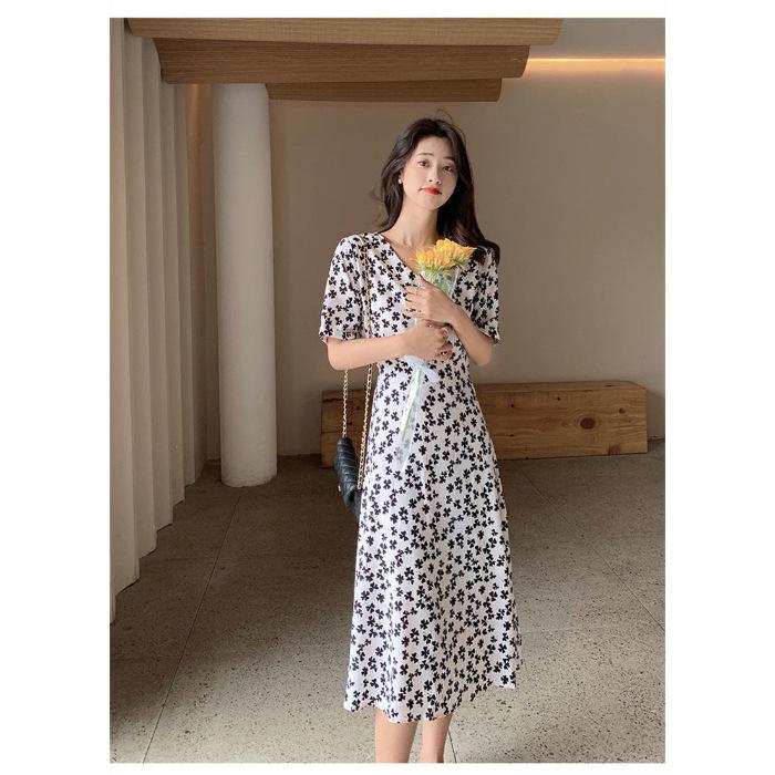 New summer fairy thin high-end celebrity temperament waist long black and white floral dress M