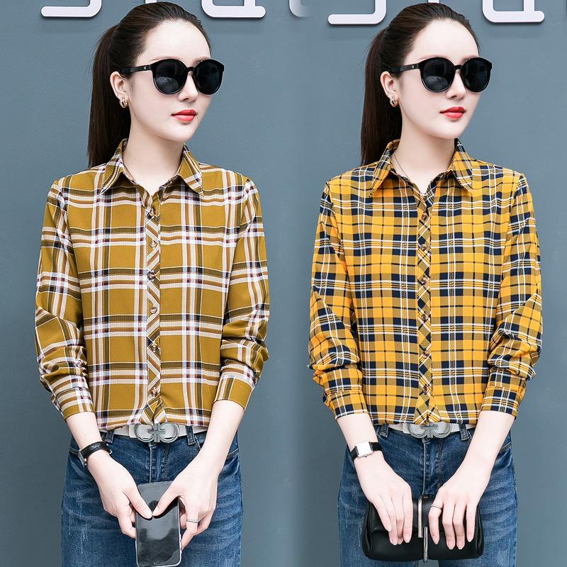 Geruit Overhemd Dames Honderd Dames Tops Los Retro Hong Kong Smaak Lange Mouw Overhemd