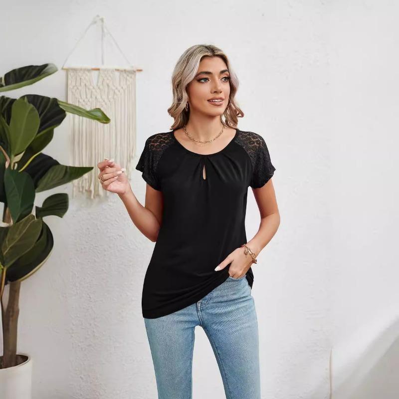 2024 Summer Lace Short Sleeve Loose Blouse for Women Fashion Solid Round Neck Casual Shirt Women Tops Elegant Simple Plus Size Female Blouses 24314