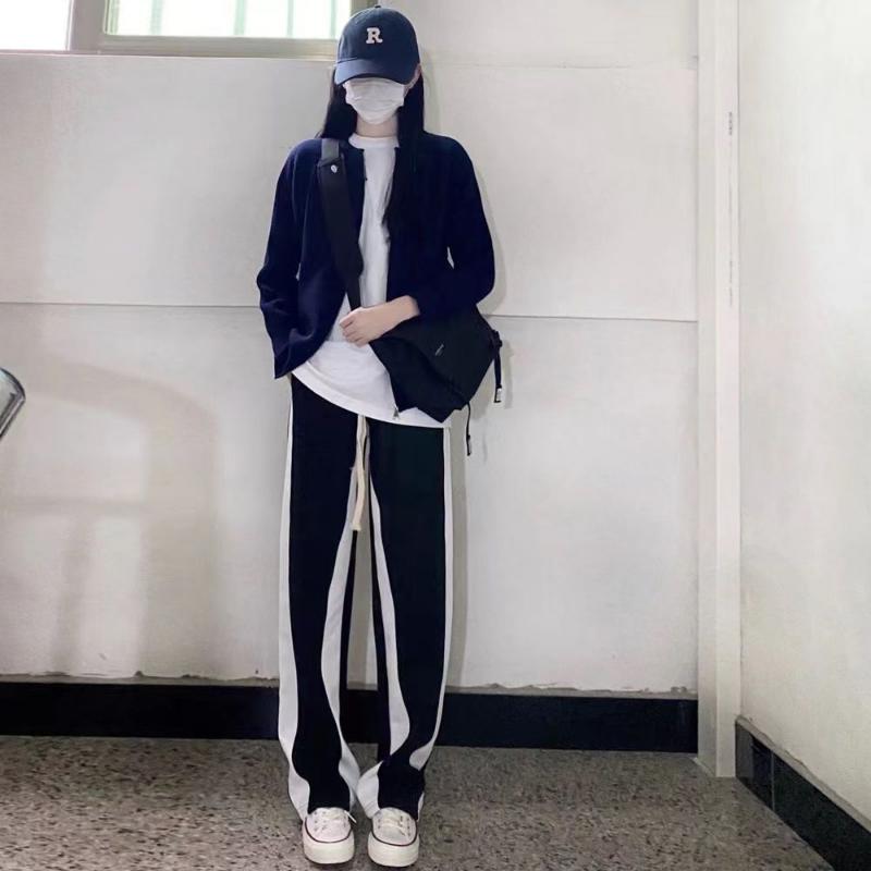 Women's Pants Black and White Stitching Casual Pants Sports Hundred Loose Straight Drape Dragging Wide Leg Pants