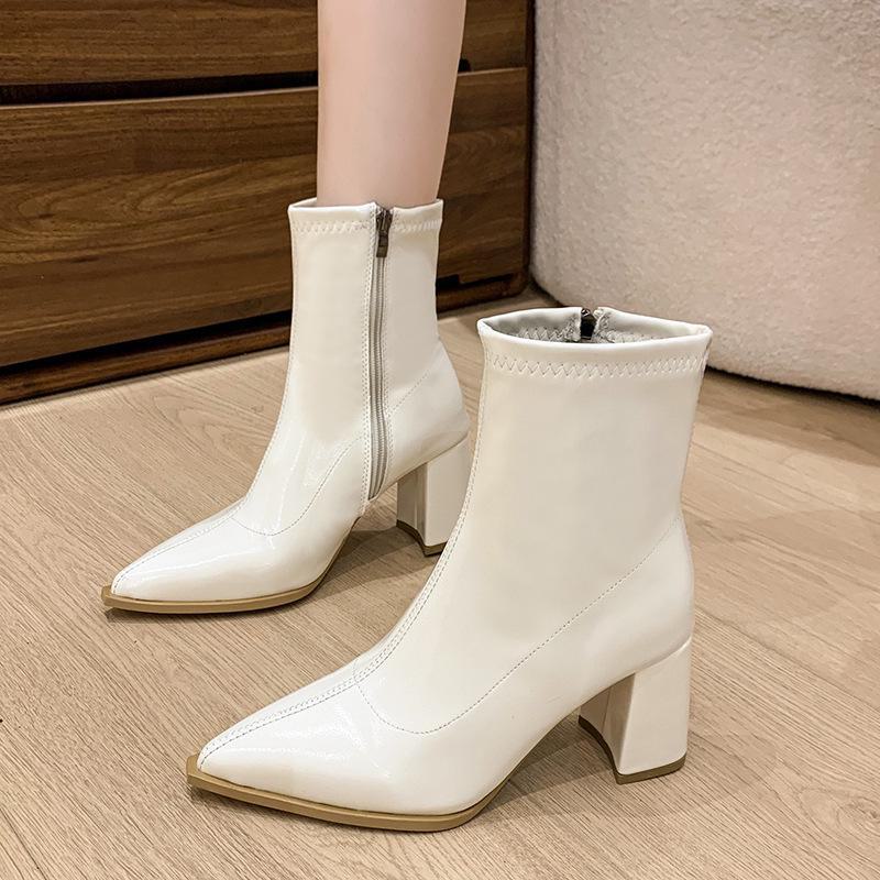 Women's Slim Pointed High-Heeled Ankle Boots - French Style, Fall/Winter 2024, Thick Heel, Outdoor Martin Style