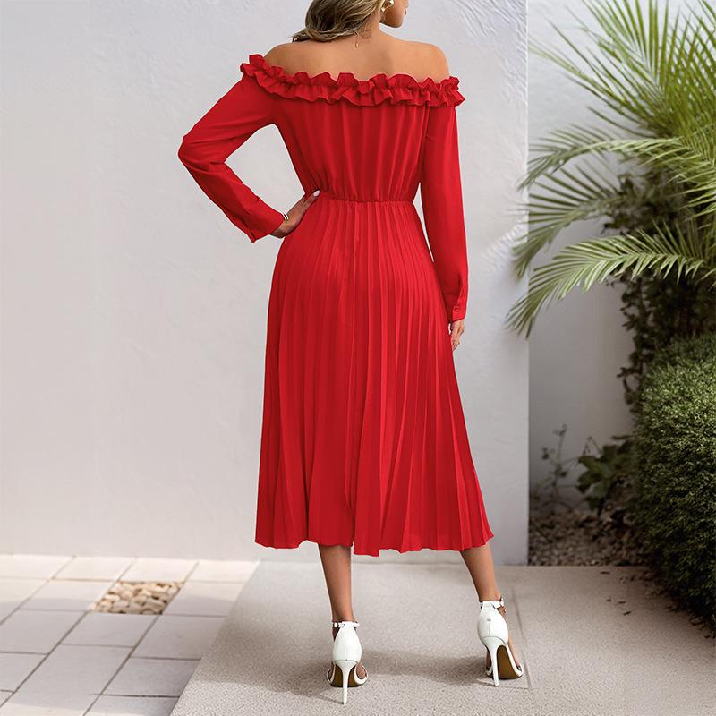 New Date Party Elegant and Sweet Style One Shoulder Long Sleeved Solid Color Women's Dress