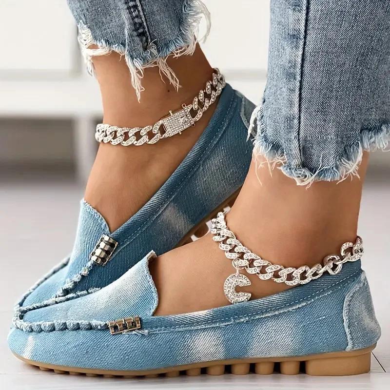 Fashion Women Flats Round Toe Thick Bottom Walking Flat Shoes Women New Casual Denim Shoes Spring  Autumn Vintage Chunky Sneakers Women