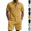 Summer Men's Solid Color Pocket Shirt, Short-sleeved Shorts, Two-piece Suit