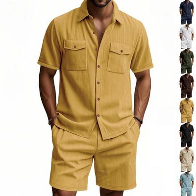 Summer Men's Solid Color Pocket Shirt, Short-sleeved Shorts, Two-piece Suit