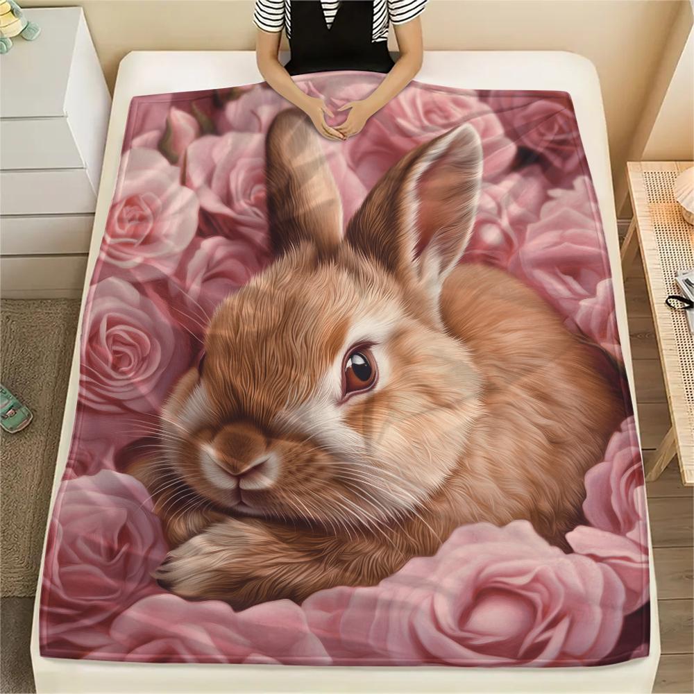 Rabbit and Flowers pattern Flannel Blanket, High quality Comfortable for All Seasons, Home Decor, Warmth and Comfort, Perfect for Gifts.