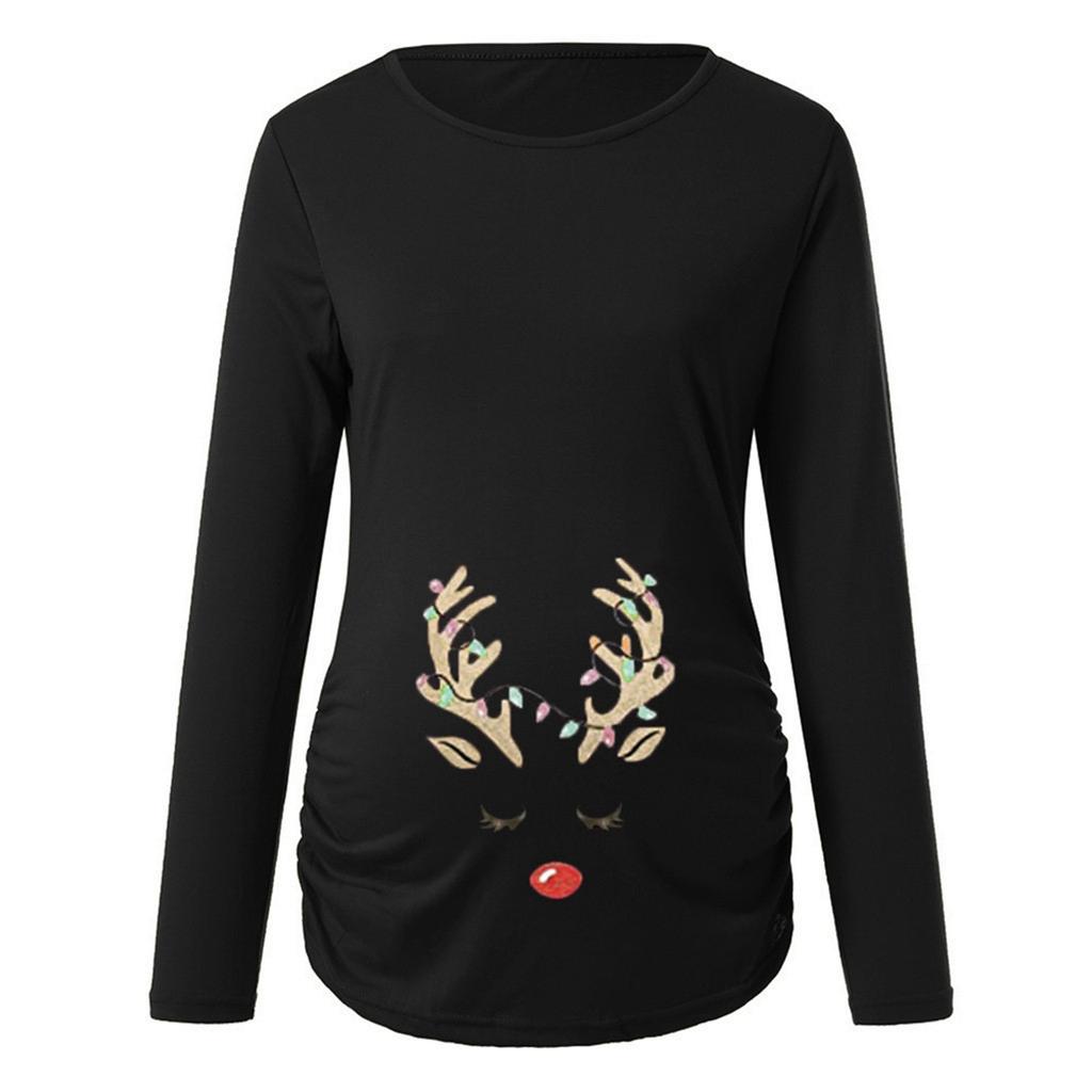 Women's Print Christmas Side Ruched Long Sleeve Maternity Top Pregnancy Clothes