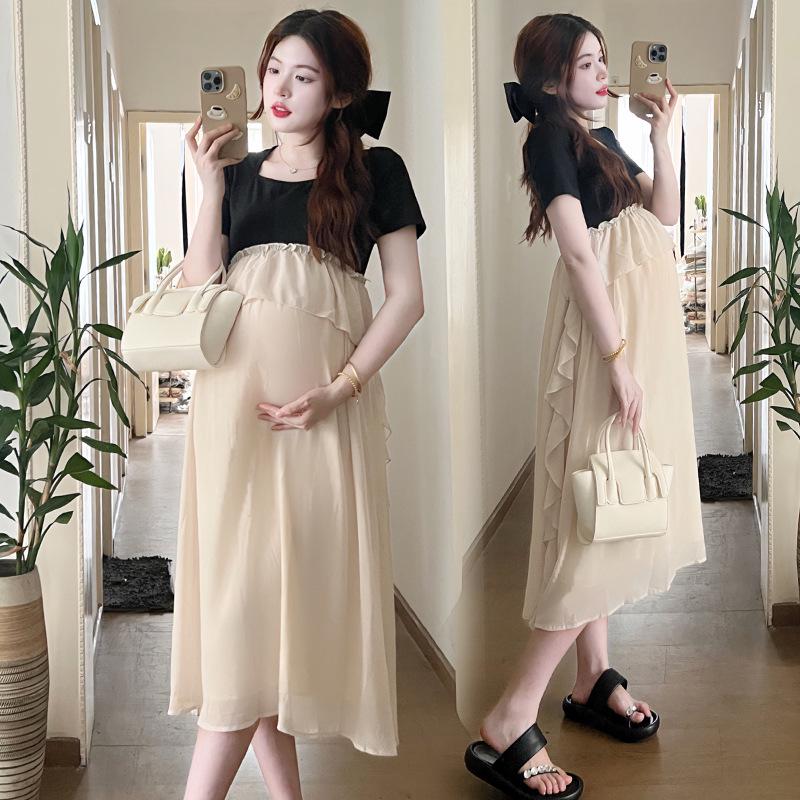 2026 Korean Style Summer Maternity Dress - Sweet, Loose, Patchwork, Fake Two-Piece Design