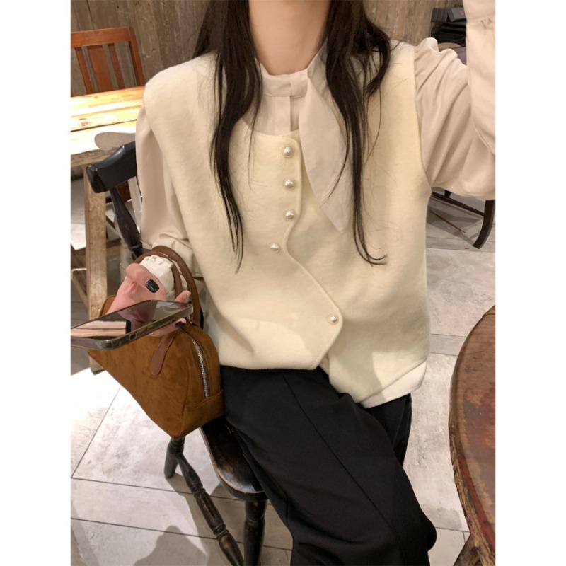 Designed irregular button sweater vest women's winter sleeveless layered solid color sweater vest top