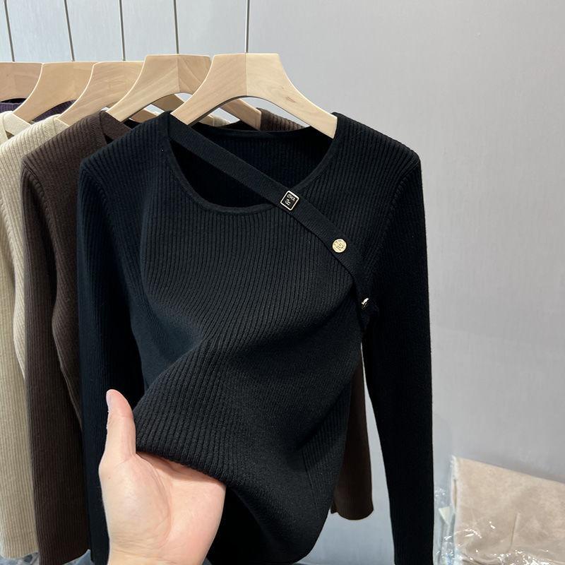 Knitted Bottoming Shirt Women's Autumn New Design Top Loose Inside with Large Size Long-sleeved Sweater