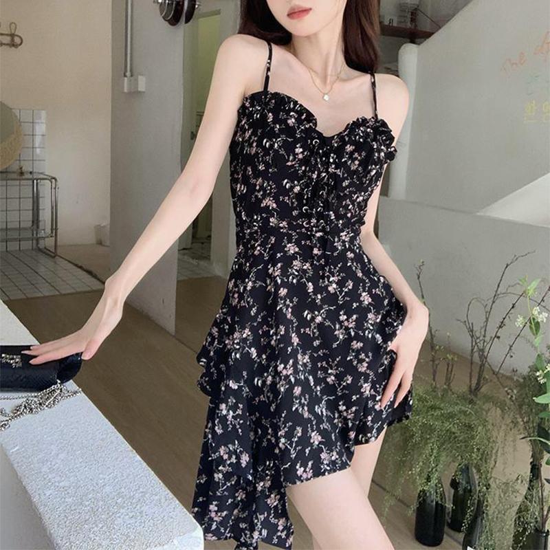 Pure Desire Französisches Camisole-Kleid mit Blumenmuster, sommerlich feminines Temperament, süße Taille, schmaler kurzer A-Linien-Rock, vielseitig einsetzbar