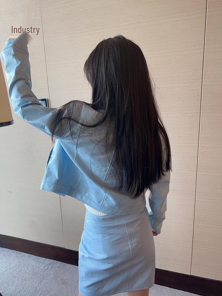 Two-Tone Stand Collar Patent Leather Jacket - Black & Blue