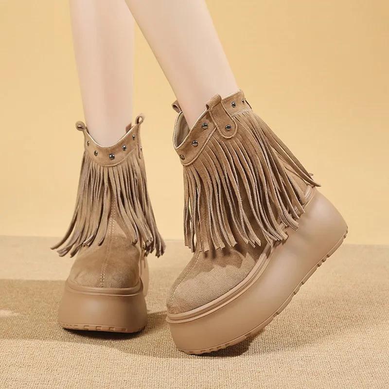 8CM Women Tassels High Heels Thick Platform Short Boots Chunky Leather Shoes Woman Autumn Winter Platform Motorcycle Boots Botas