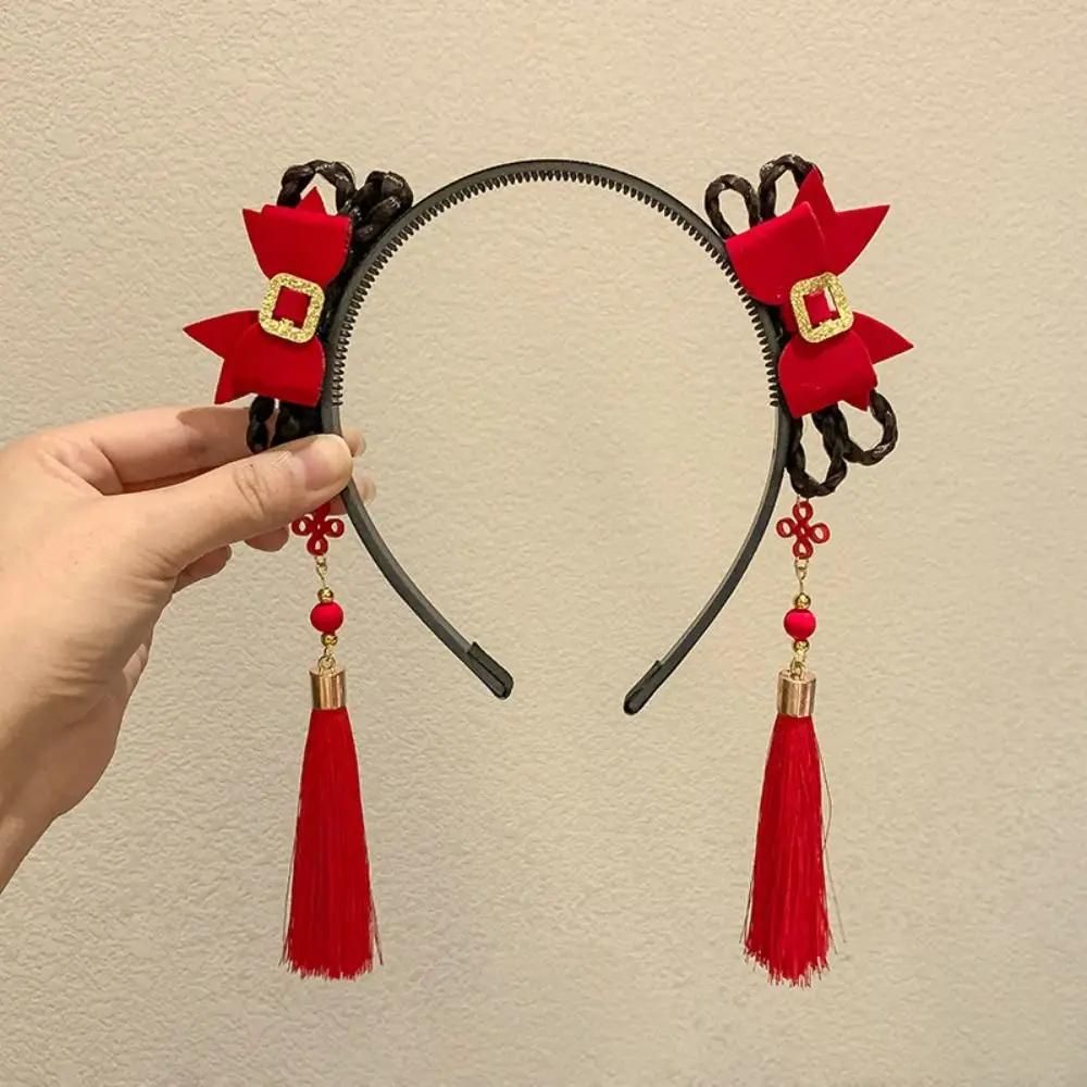 Flower Children Wig Headband Braid Hair Tang Suit Hair Hoop Chinese New Year Headwear Ancient Style Tassel Red Bow Hairband Baby