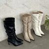 Women Pointy Pleated Boots High Heels Black Female Knee High Boots Women Autumn Fashion Stiletto Ladies Pointy Rubber Footwear