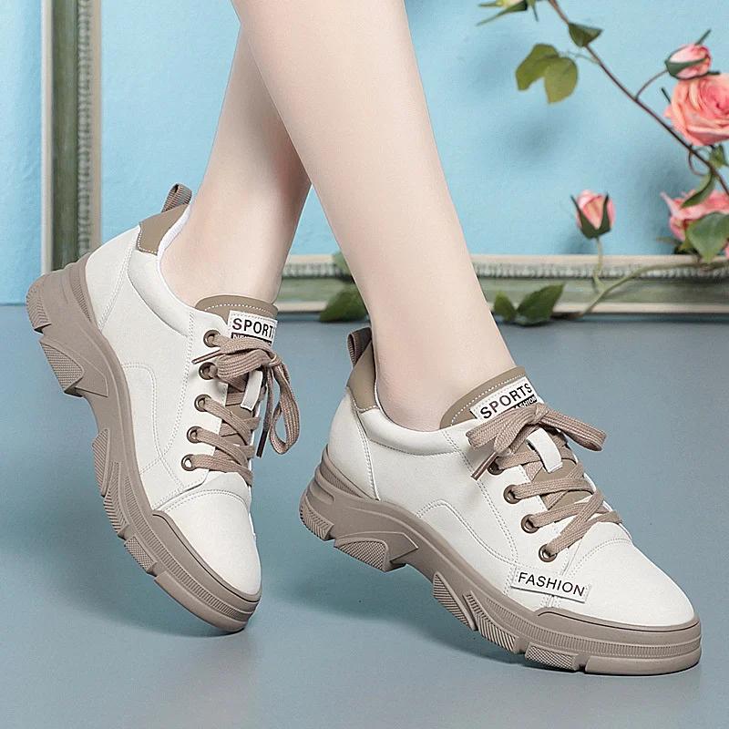 Spring Women Non-slip Soft Leather Sneaker Trekking Footwear New Thick-soled Lace-up Leisure Skateboard Sports Shoes