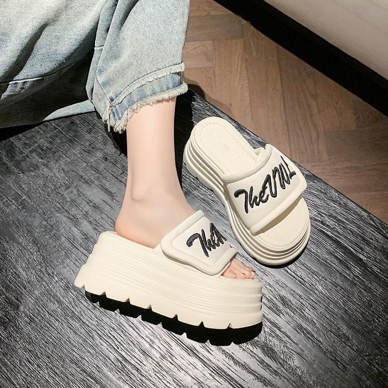 Summer new Velcro muffin thick bottom heightening one-word slippers women wear casual vacation cool slippers tide