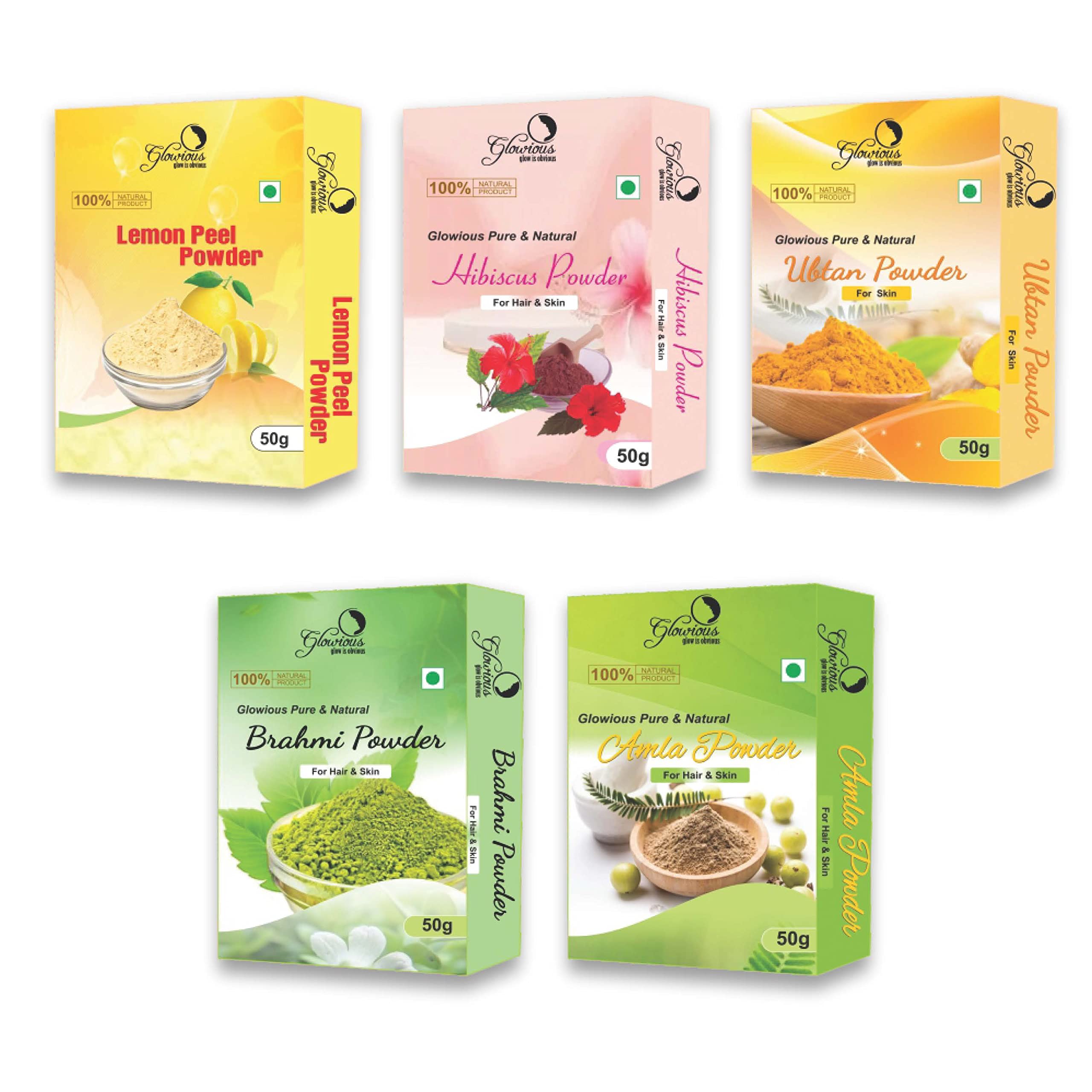 Glowious 5-in-1 Skin Care Combo Pack: Lemon Peel, Amla, Hibiscus, Ubtan & Brahmi Powder - 250g (50gX5) | Natural Beauty Boost with Ayurvedic Good