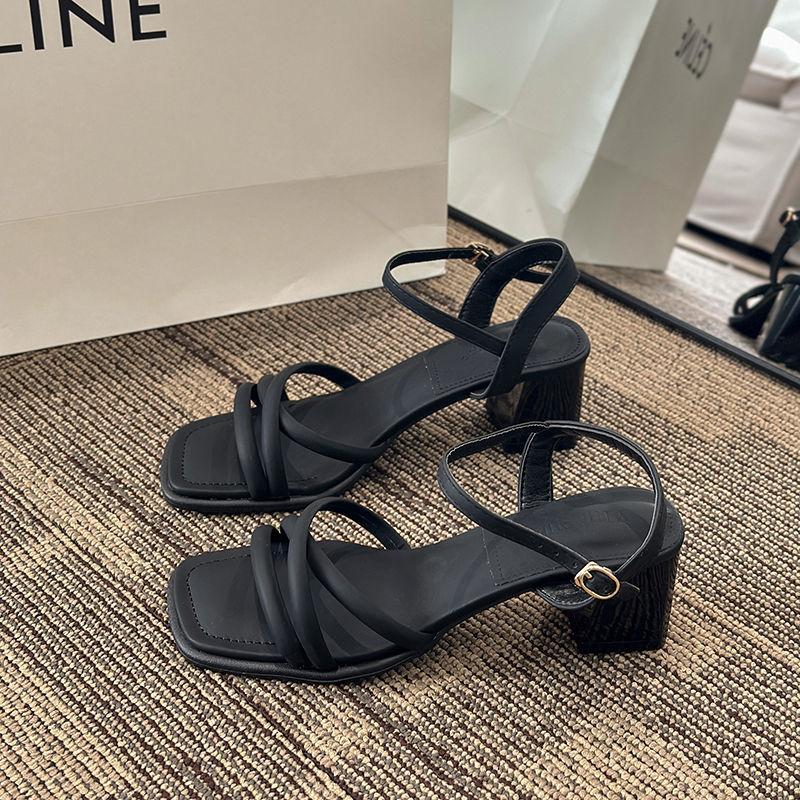 One-word buckle with square head high heels medium thick heel with skirt versatile fairy style open-toed sandals female summer new models