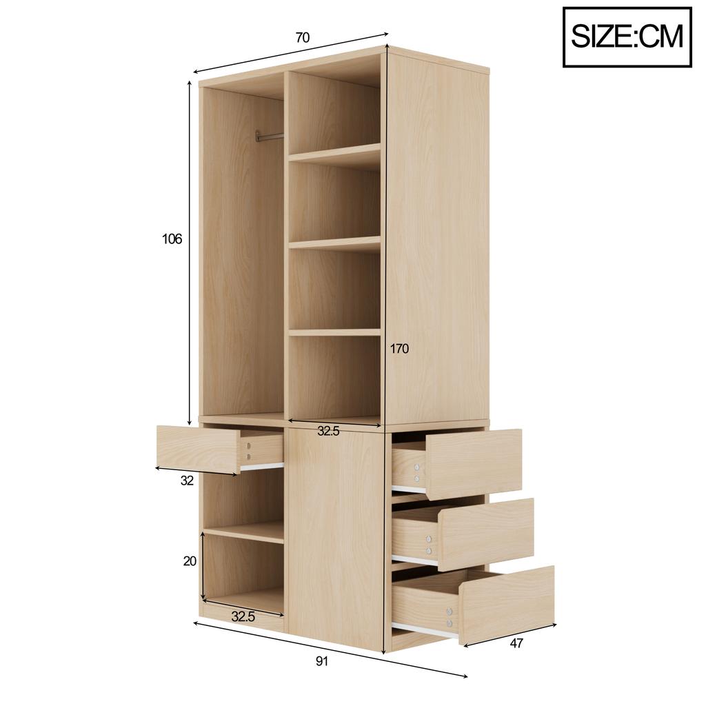 Wardrobe 70 × 50 × 170 Cm, with Multiple Drawers, Multi-tier Shelves, Generous Storage Space, Large Clothes Rail, Wardrobe for One Person, Wood Color
