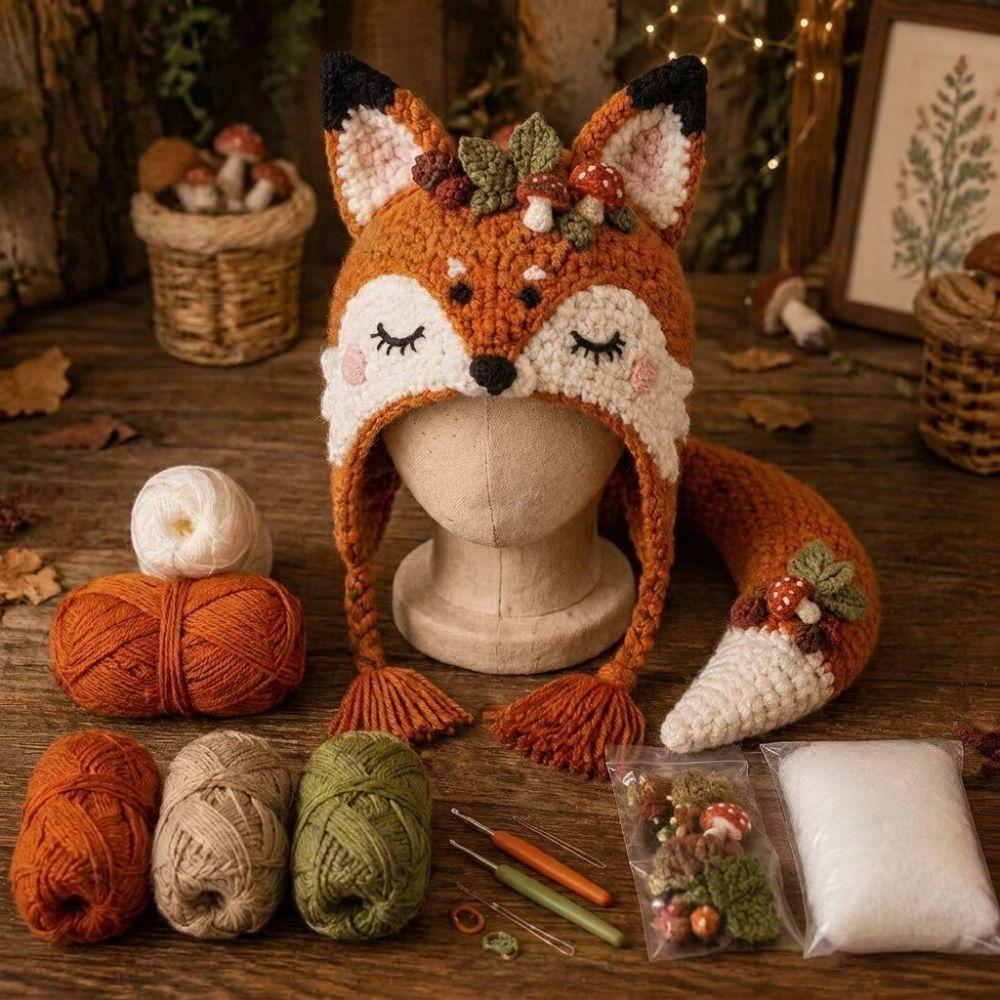 Warm DIY Hand Crochet Hat Kit Adorable Woodland Animal Headwear Cosplay Crochet Cat Party Cosplay