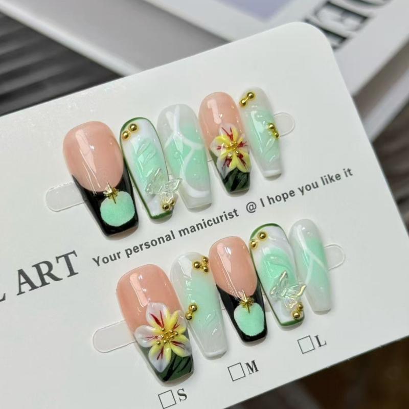 10Pcs Handmade Green Pink French Fake Nails with 3D Flower & Butterfly Accents XS