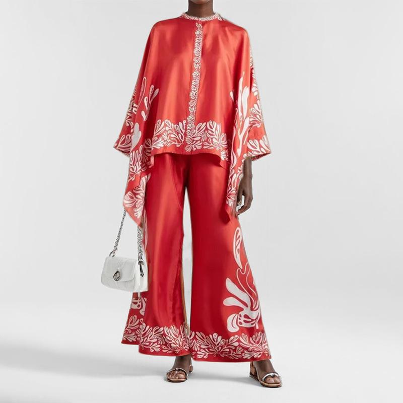 Vintage Print Pants Sets Women Irregular Loose Long Sleeve Shirt Wide Leg Trousers Two Piece Set Female Fashion Trend Streetwear