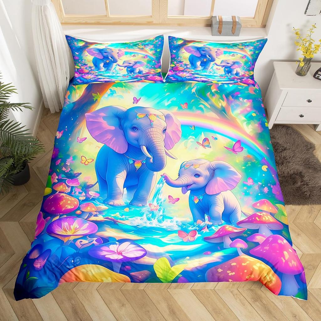 Conjunto de Cama Kawaii Elefante Solteiro King Sonhador Desenho Animado Animal Elefante Capa de Edredom Para Meninos Meninas Rústico Estilo Fazenda Capa de Edredom