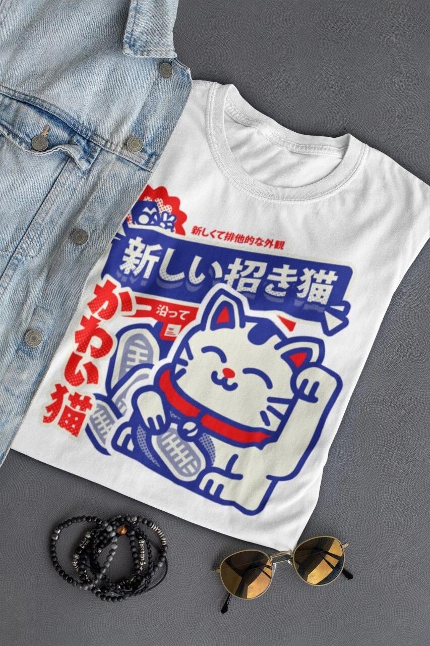 Maneki Neko Cat Tee, Japanese Graphic Street Wear, Lucky Cat Shirt for Men and S