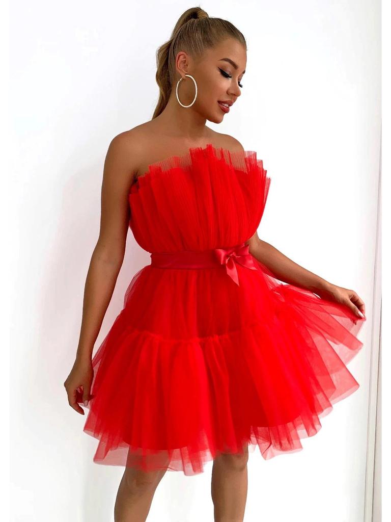 WT2025 Elegantes Mesh-Tüllkleid mit Schleife