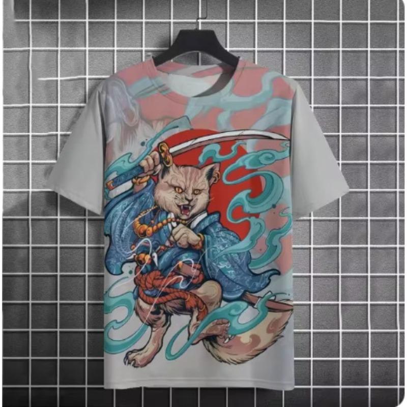 Fashionable Casual Cool Warrior Cat Pattern T-shirt Summer Men Fun Hip-hop Harajuku Street Animal Print Casual Short Sleeved T-shirt