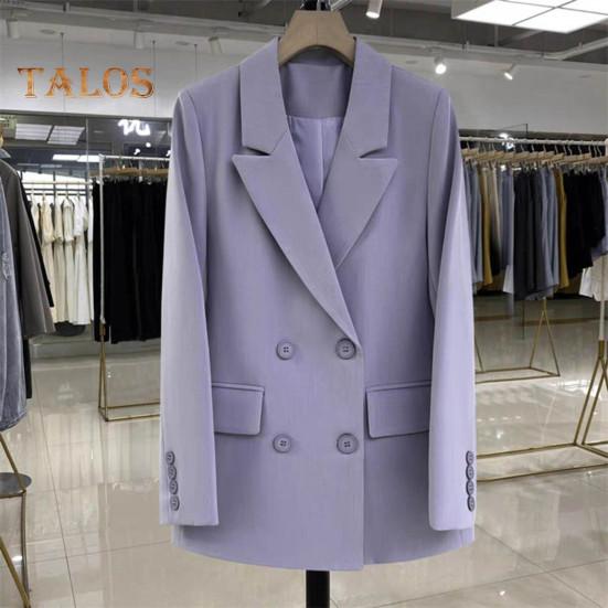 Women Suit Coat Lapel Long Sleeve Double-Breasted Suit Jacket with Flap Pockets Solid Color Loose Fit Casual Business Outwear